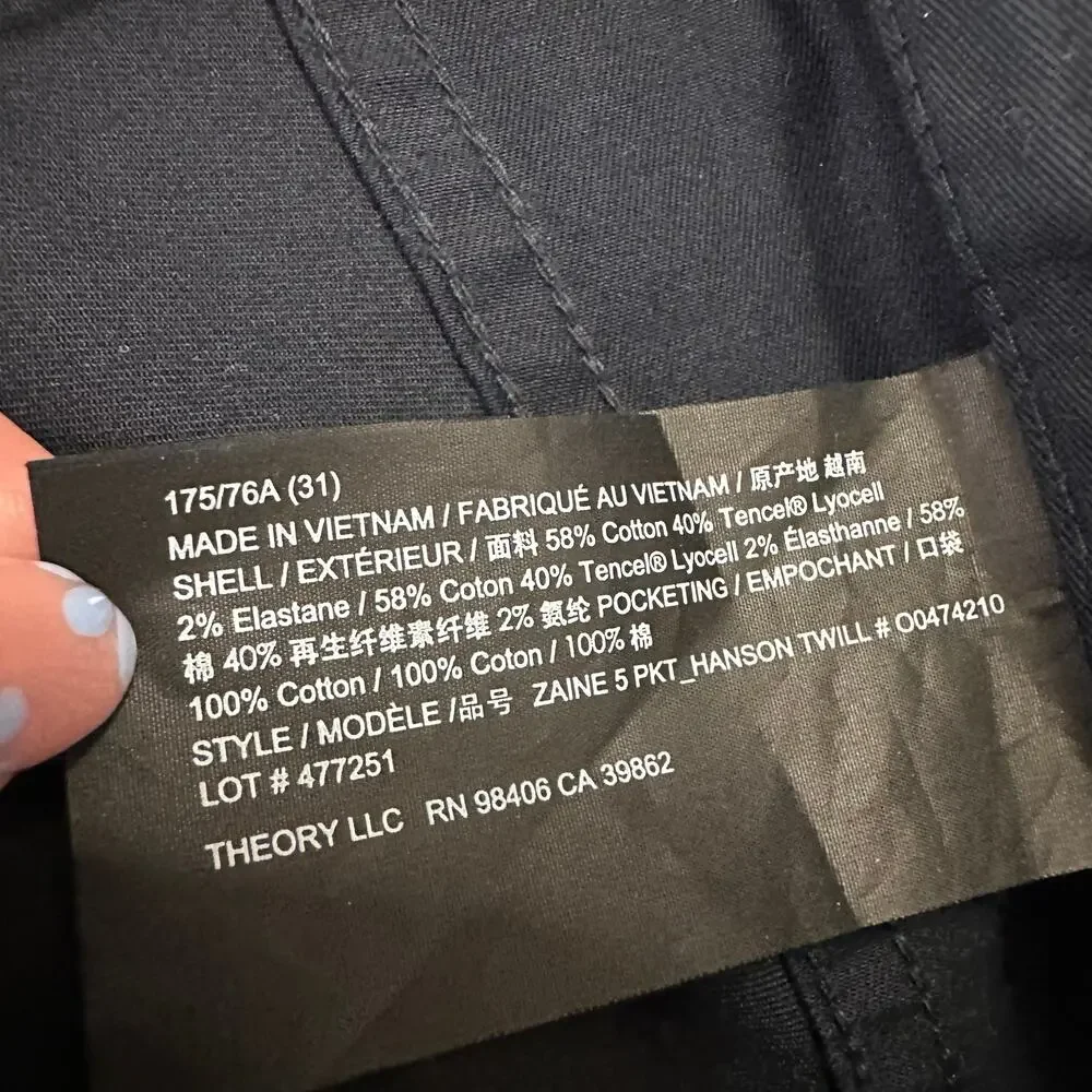 Theory Zaine 5 Pocket Baltic Hanson Twill Pants Stretch Black Gray Mens $225 NWT